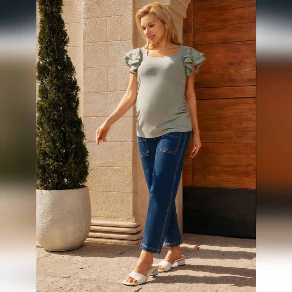 MAACIE | Women's Dark Wash Wide Leg Over Belly Cropped Jeans